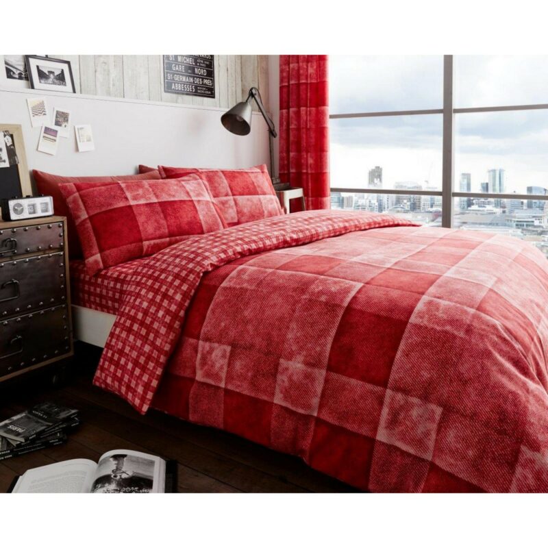 11149644 printed duvet set denim check single red 1 1