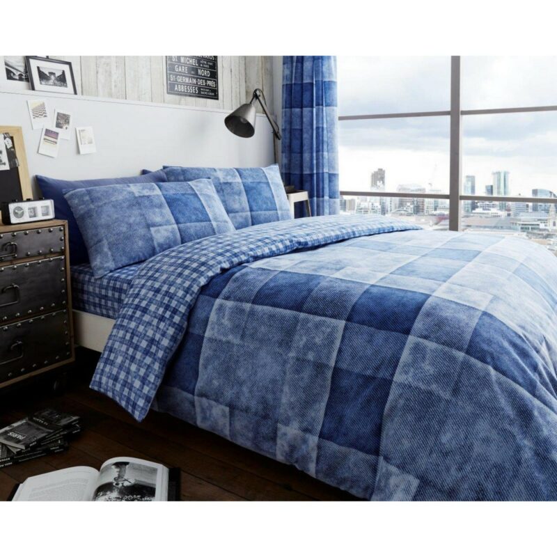 11149682 printed duvet set denim check single blue 1 1