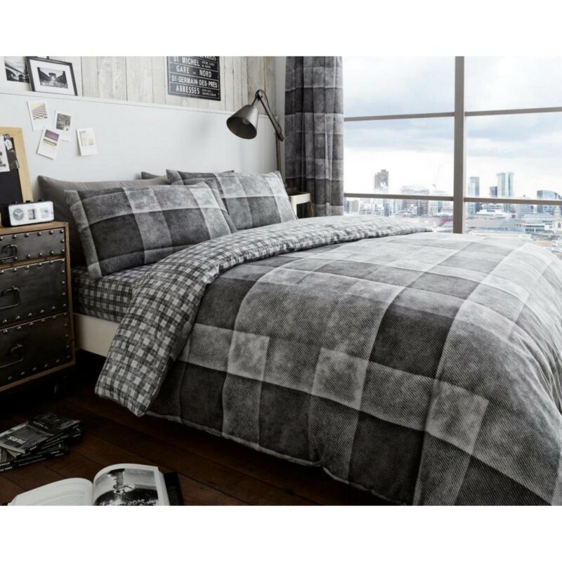 11149729 printed duvet set denim check single grey 1 1