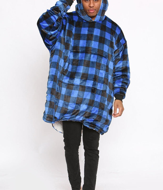 Printed Adult Hoodie - Check-Blue/Black