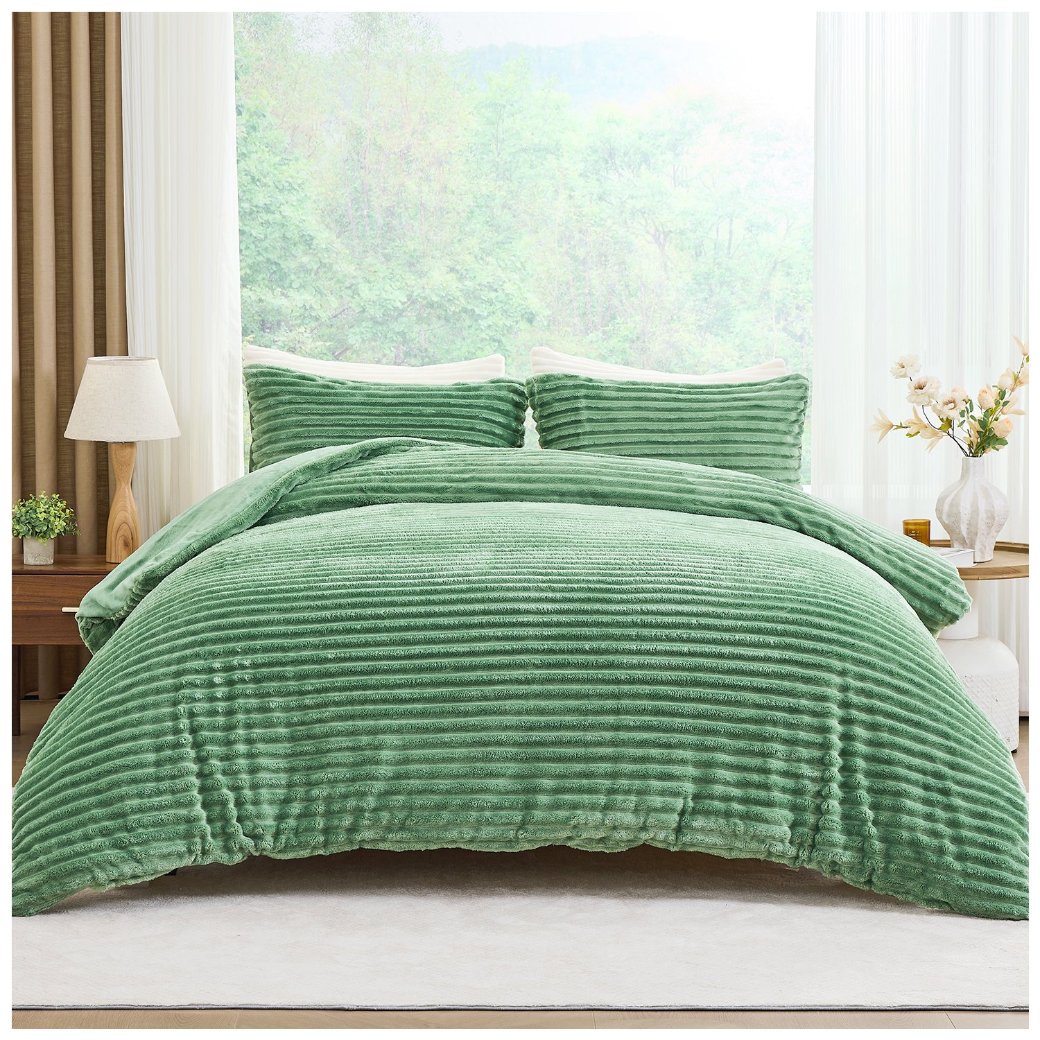 00332305 1 Fleece Bedding Ribbed Duvet Cover Set - Green