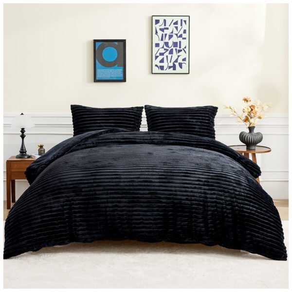 Fleece Bedding Ribbed Duvet Cover Set - Black