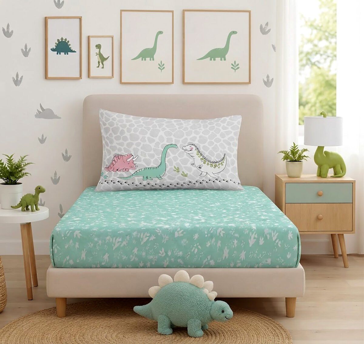 Kids Dinosaur Sheet Cover Set - Mint Green/Grey