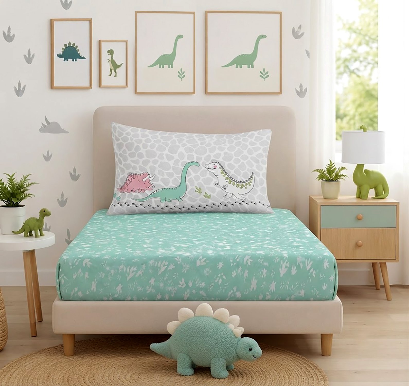 02 Kids Dinosaur Sheet Cover Set - Mint Green/Grey