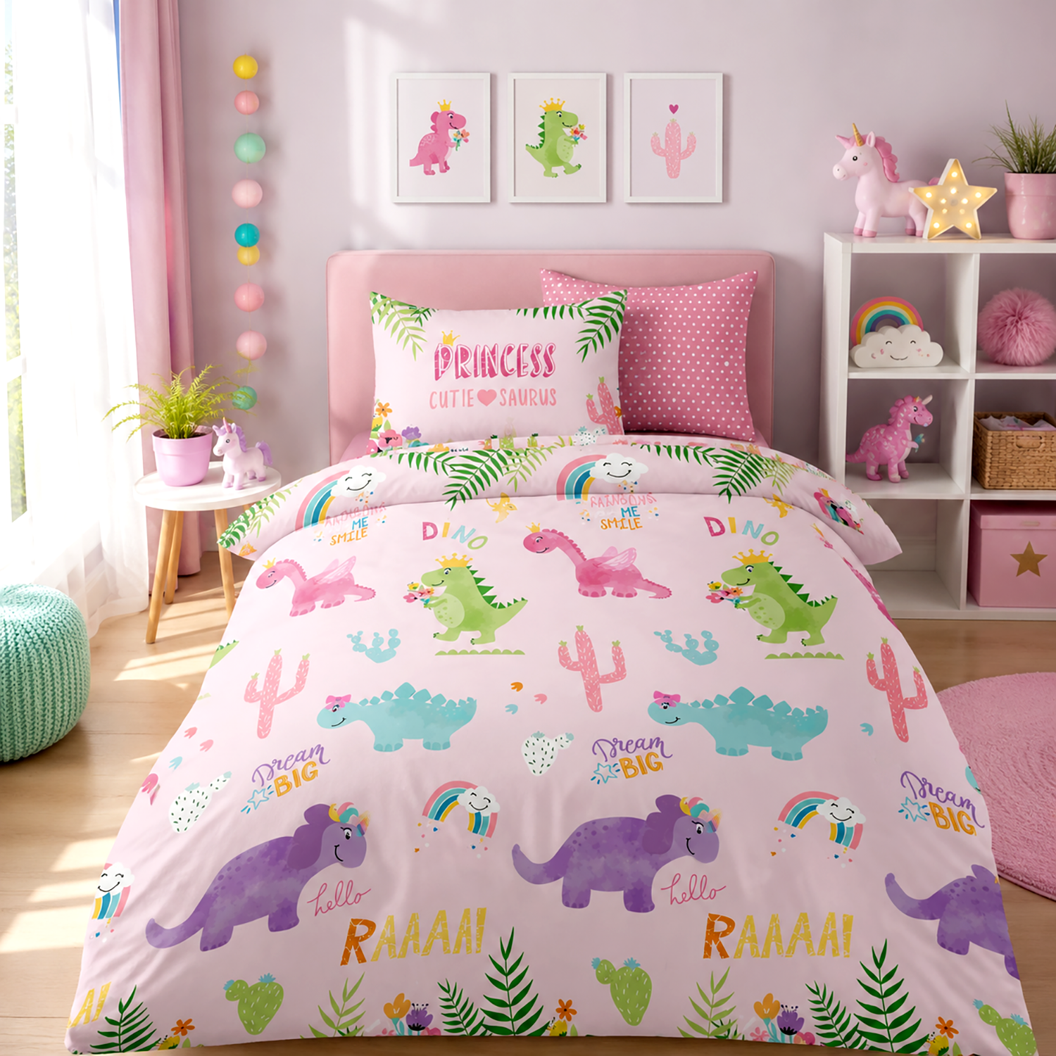 1 Premium Kids Dino Duvet Set - Pink