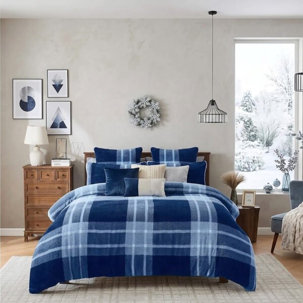 Teddy Fleece Check Duvet Cover Set - Navy