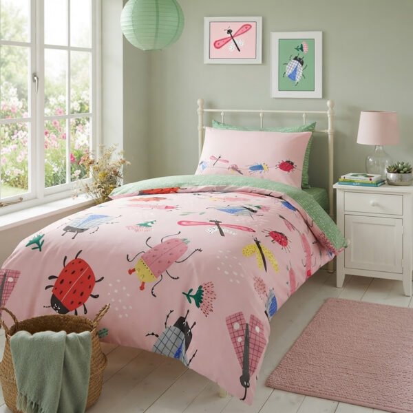 Kids Insects Duvet Cover Set - Mint Green/Pink