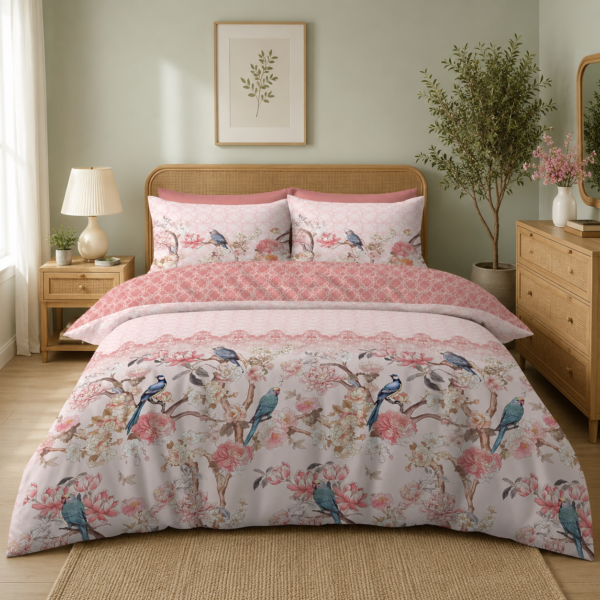 Floral Birds Duvet Cover Set - Pink