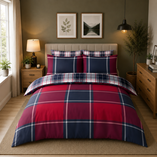 Modern Textured Check Duvet Cover Set - Red