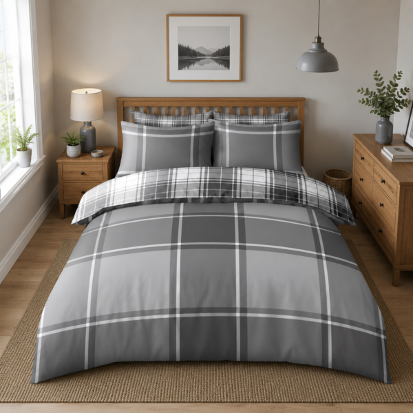 Modern Textured Check Duvet Cover Set - Grey
