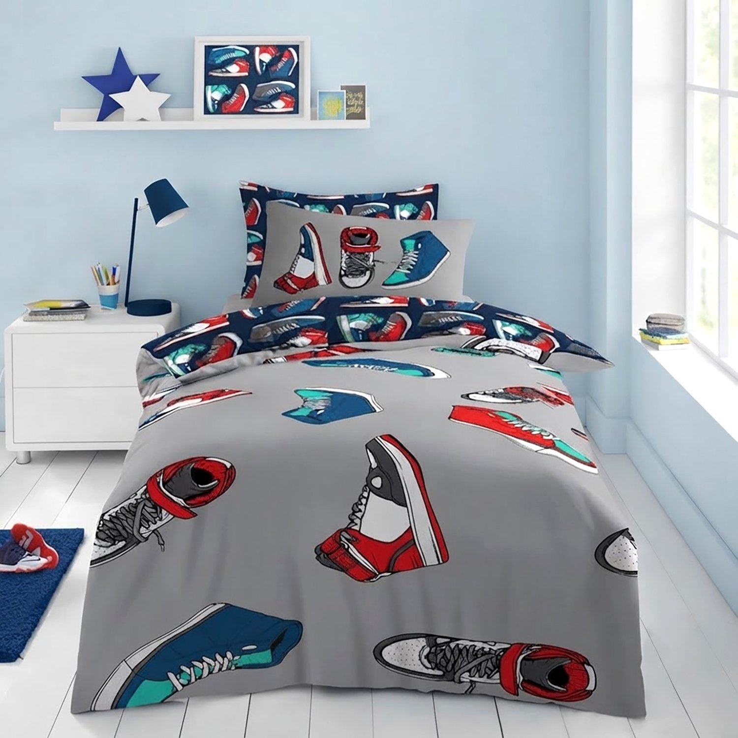 1 Kids Sneaker Duvet Cover Set - Navy Blue/Grey