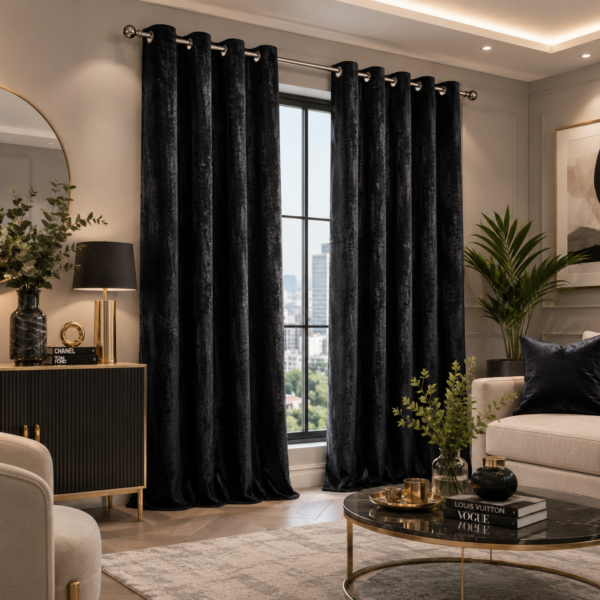 Crushed Velvet Blackout Curtains - Black