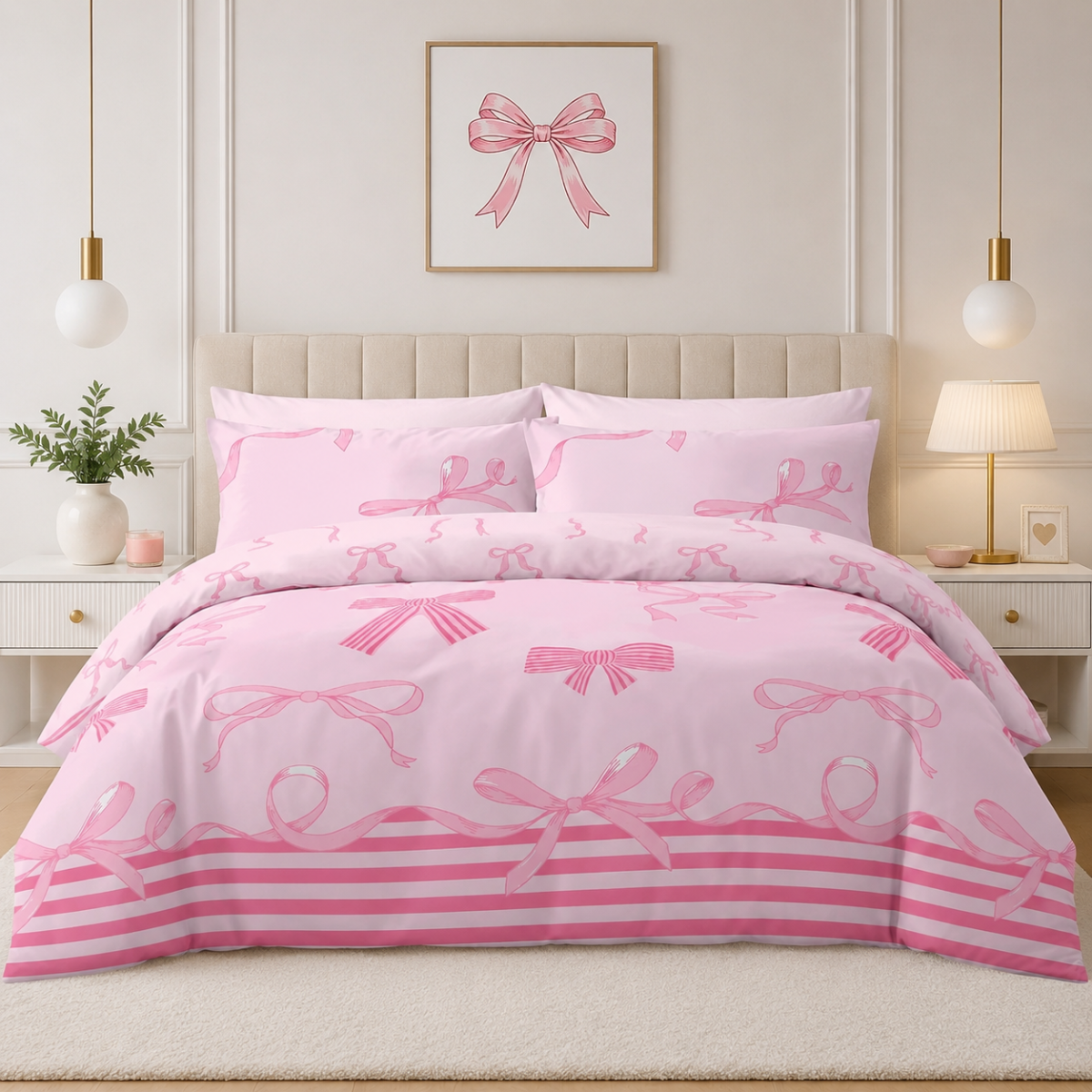 Reversible Striped Bow Duvet Cover Set - Pink