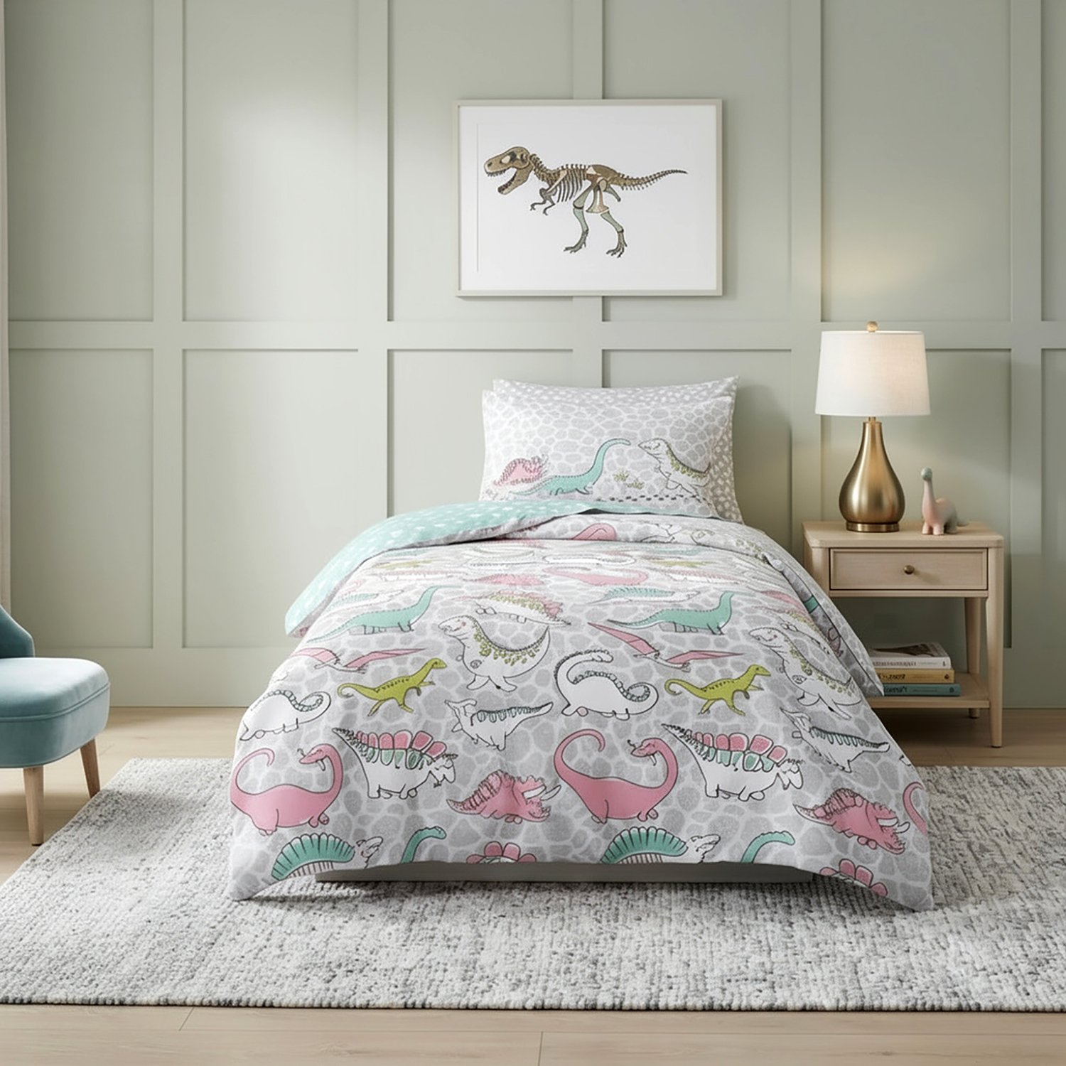 2 Kids Dinosaur Duvet Cover Set – Mint Green/Grey