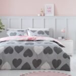 Hearts Duvet Cover Set Reversible Bedding Pink & Charcoal
