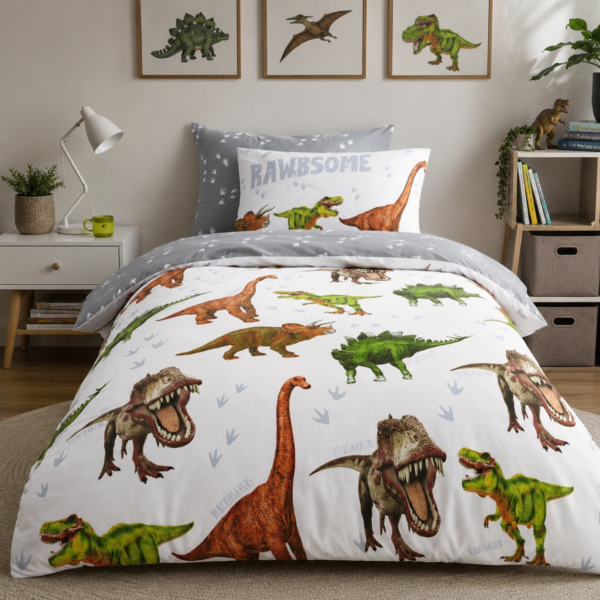 Soft Dino Adventure Duvet Cover Set - White/Grey