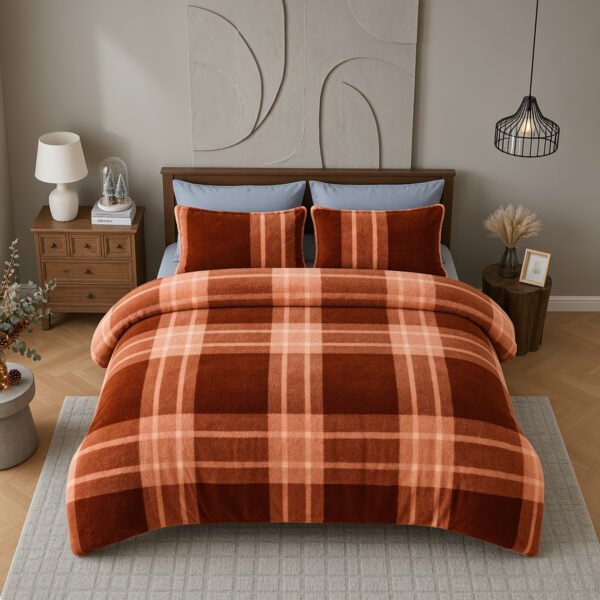 Teddy Fleece Check Duvet Cover Set Terracotta