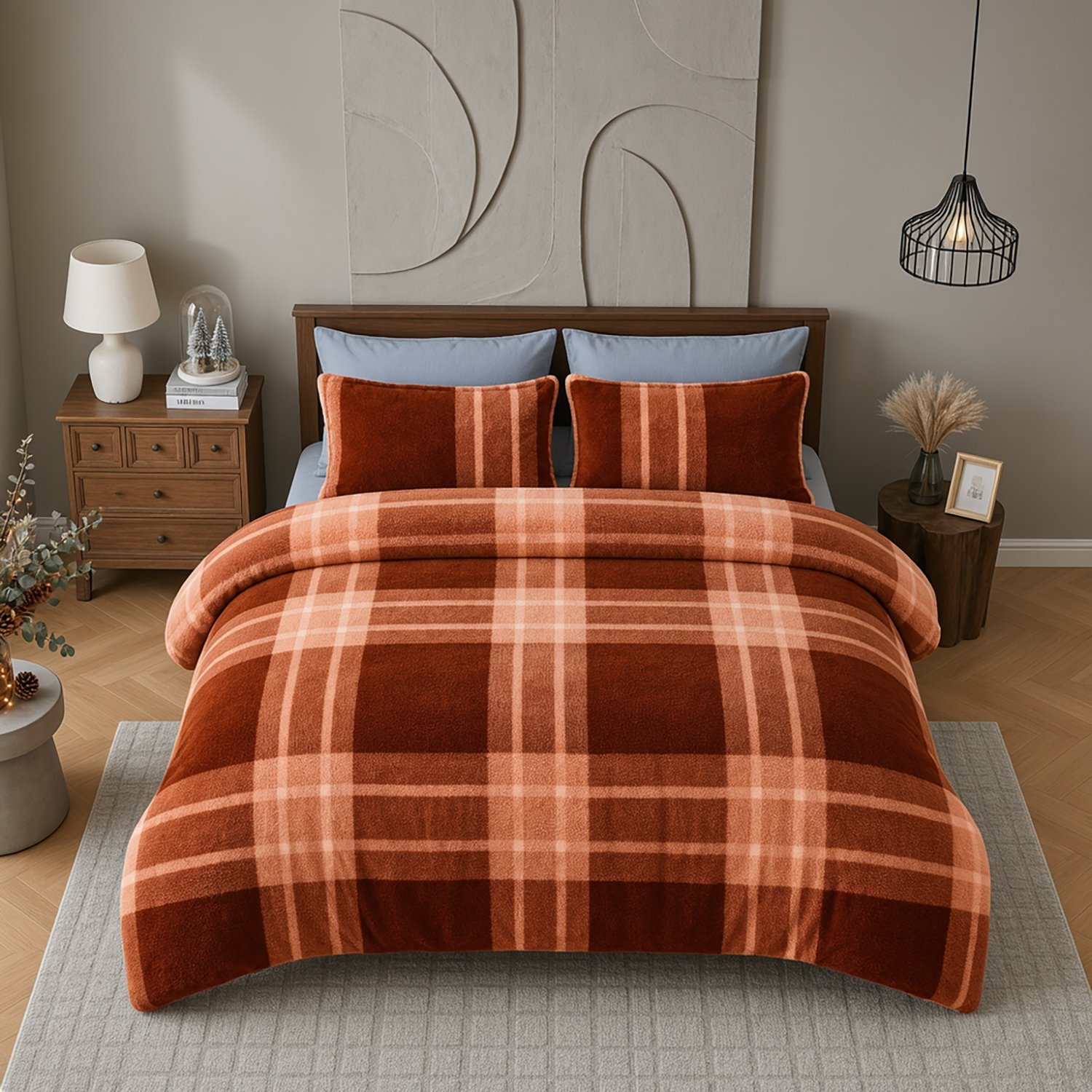 2 Teddy Fleece Check Duvet Cover Set Terracotta