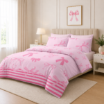 Reversible Striped Bow Duvet Cover Set - Pink