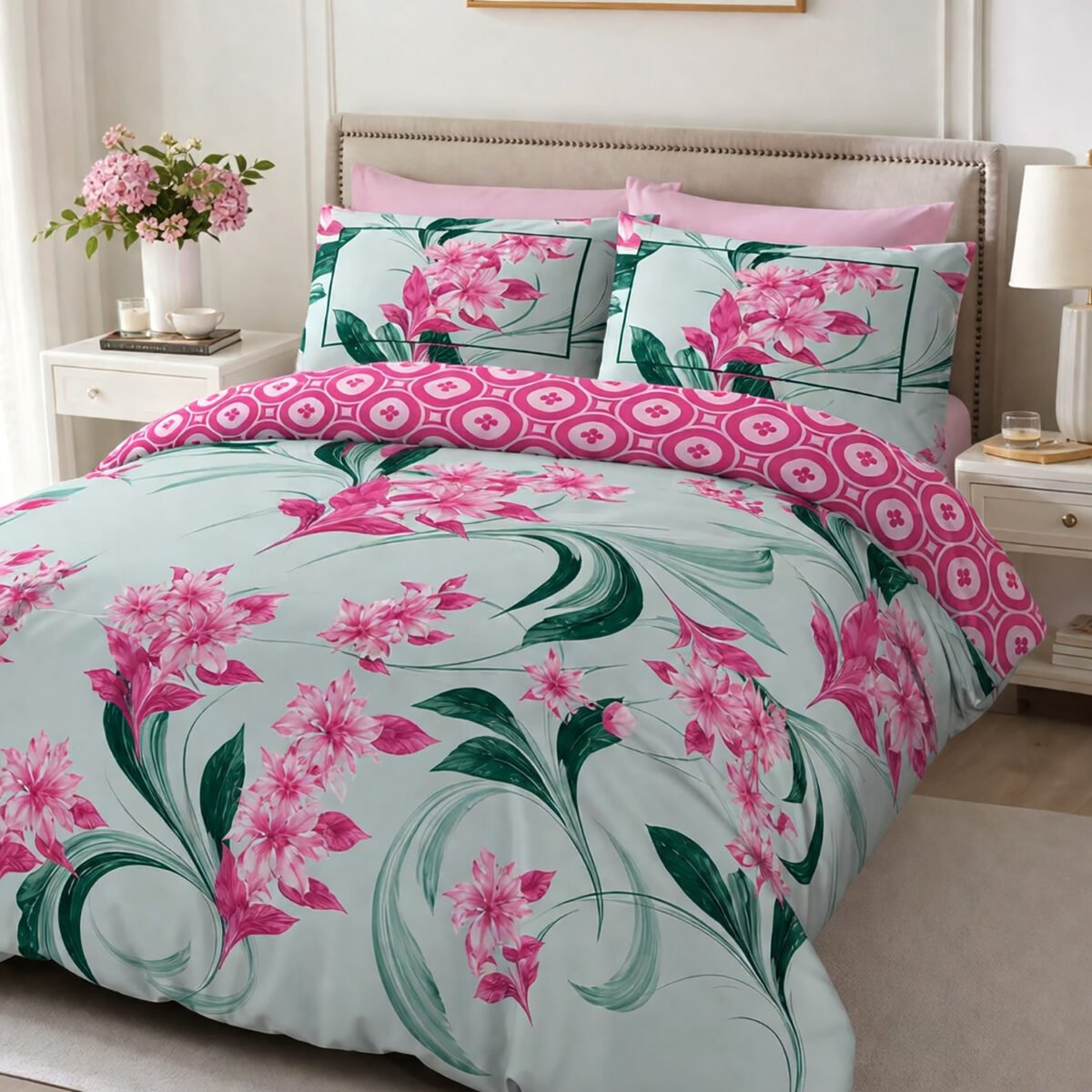 Floral Polycotton Duvet Set - Pink