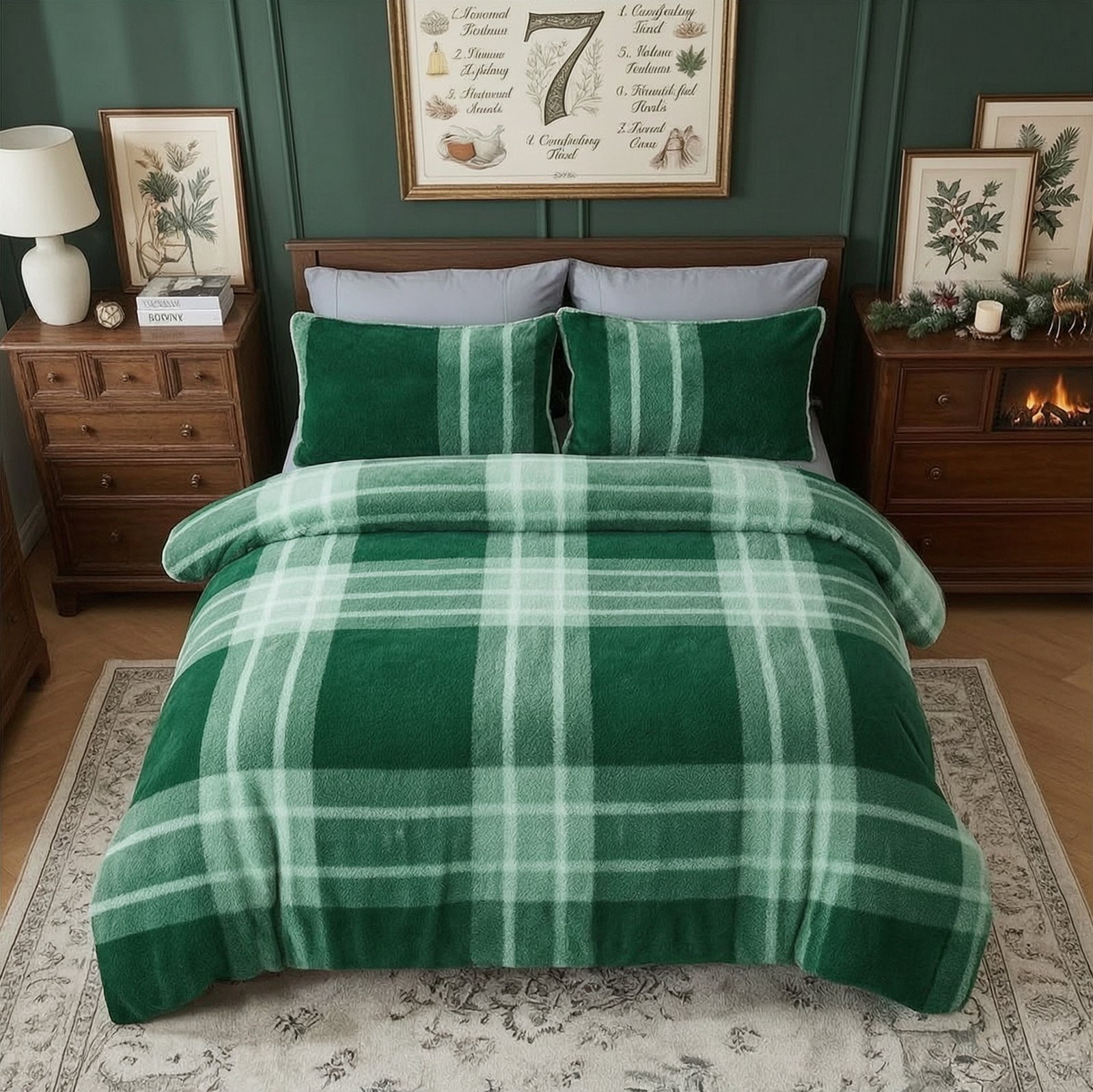 3 Teddy Fleece Check Duvet Cover Set Dark Green