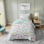 Kids Dinosaur Duvet Cover Set – Mint Green/Grey