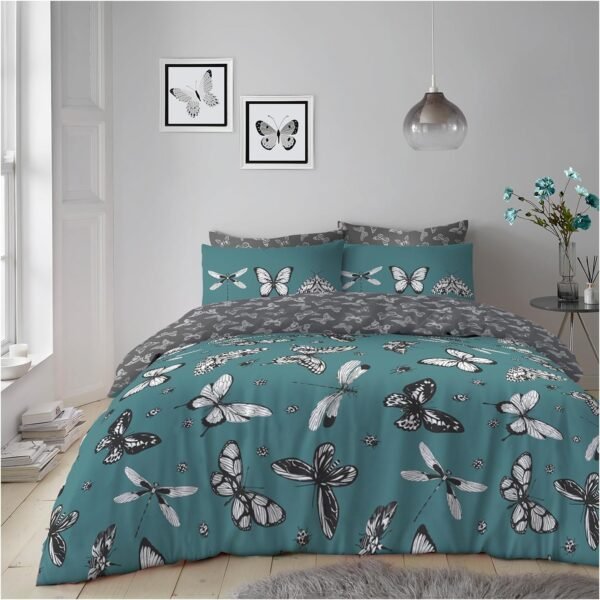 Reversible Butterfly Duvet Cover Set - Teal