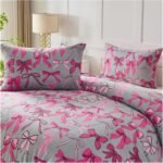 Ribbon Bow Pattern Duvet Cover Set - Grey/Pink - Image 4