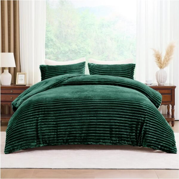 Fleece Bedding Ribbed Duvet Cover Set - Dark Green