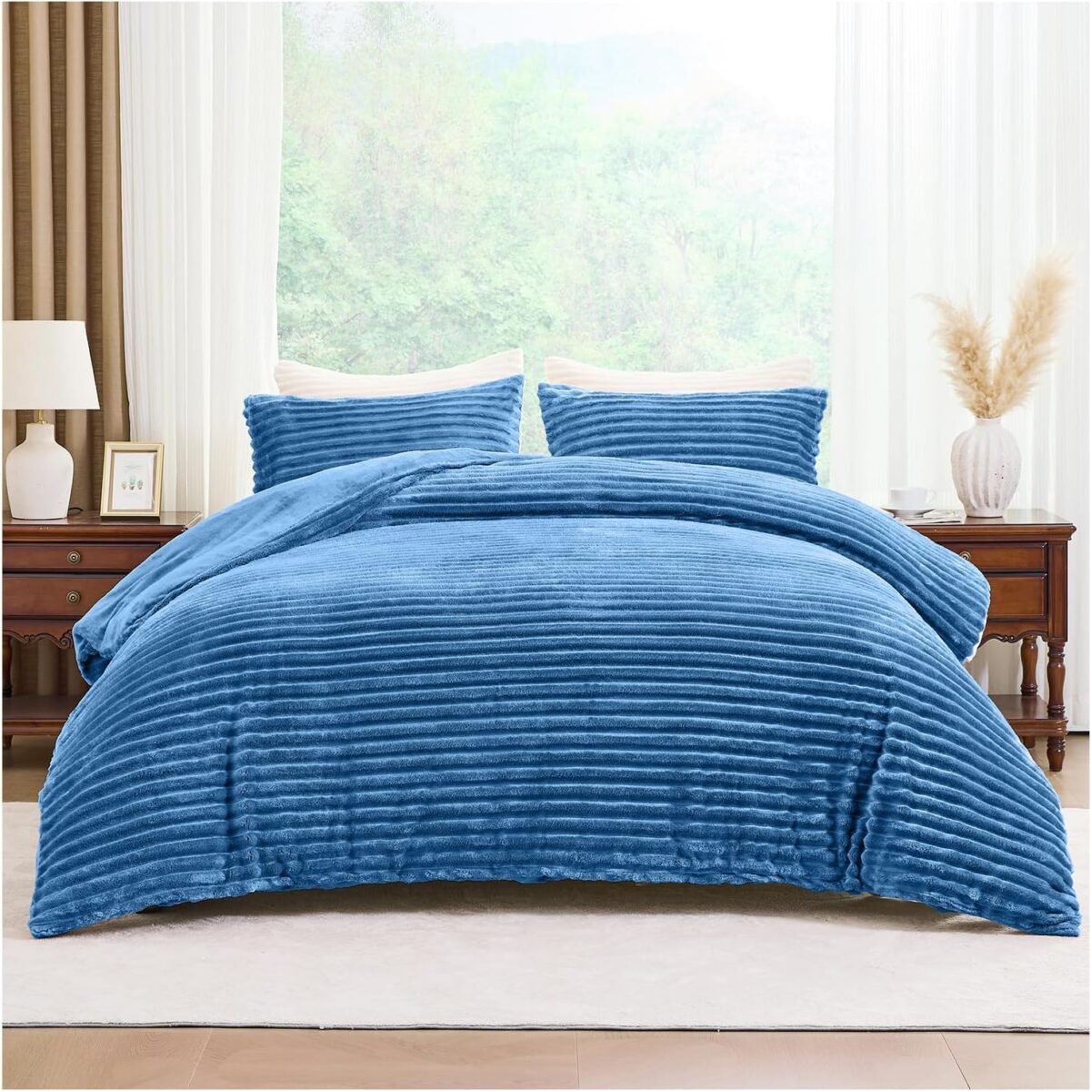 Fleece Bedding Ribbed Duvet Cover Set - Denim Blue