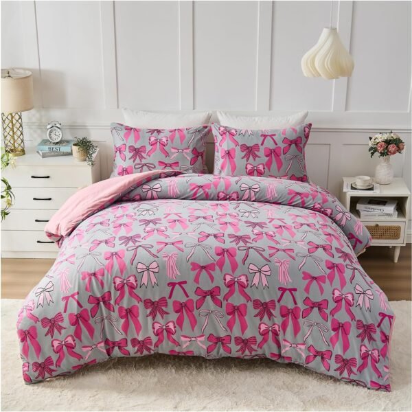 Ribbon Bow Pattern Duvet Cover Set - Grey/Pink