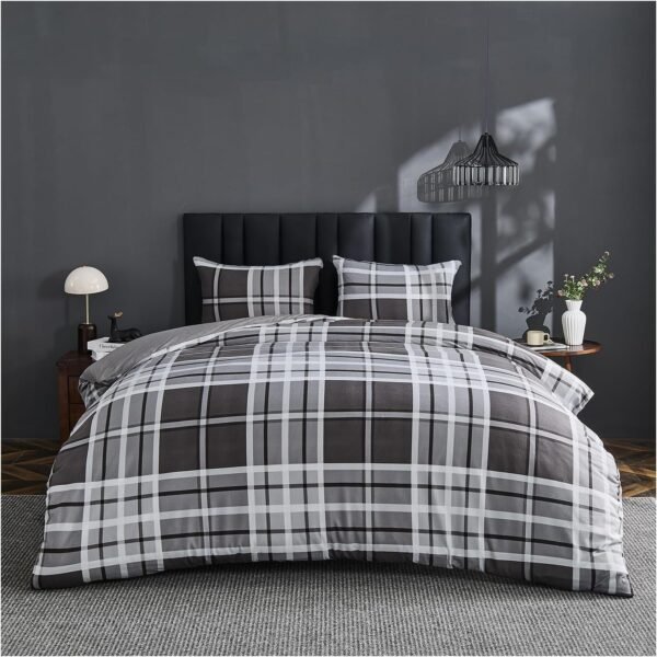 Denim Check Printed Duvet Cover Set - Grey
