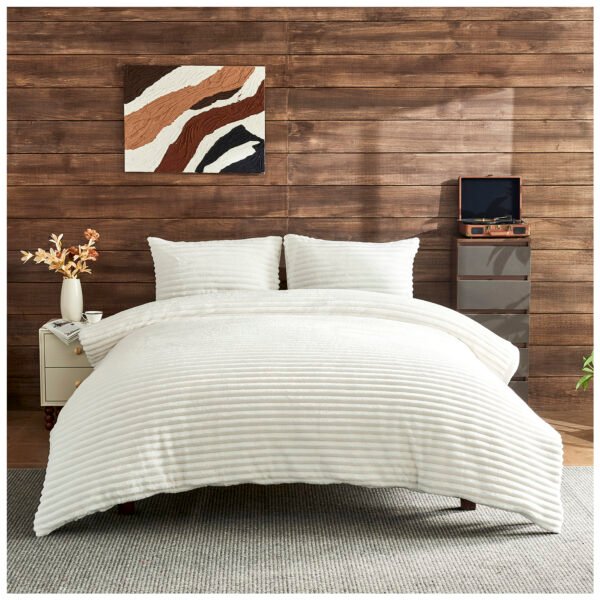 Fleece Bedding Ribbed Duvet Cover Set - White