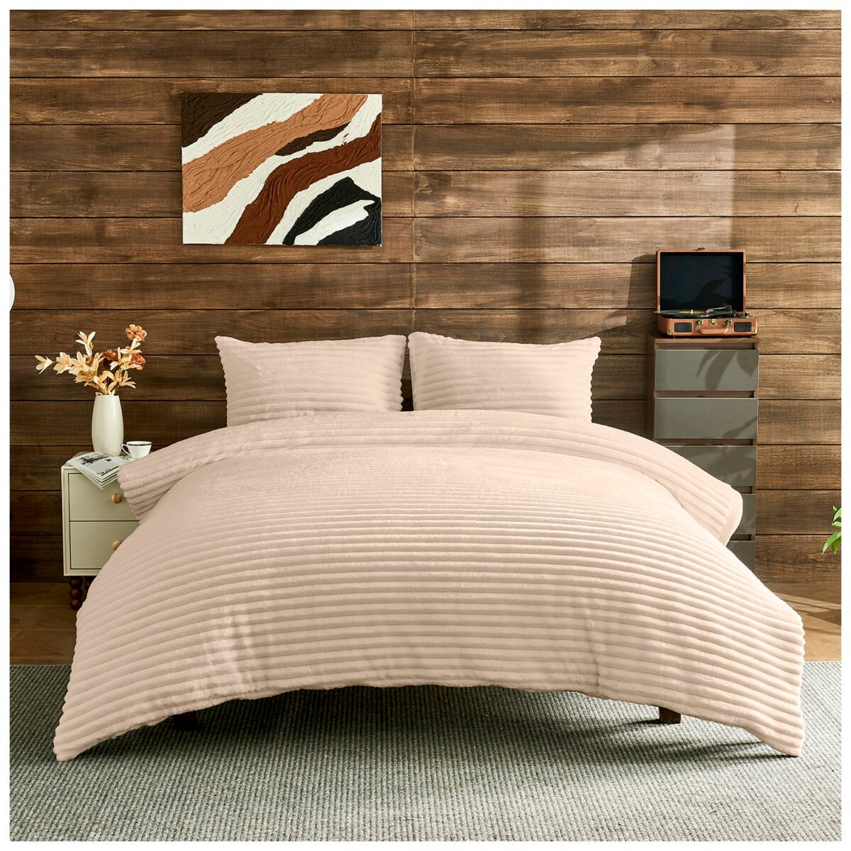 Fleece Bedding Ribbed Duvet Cover Set - Cream