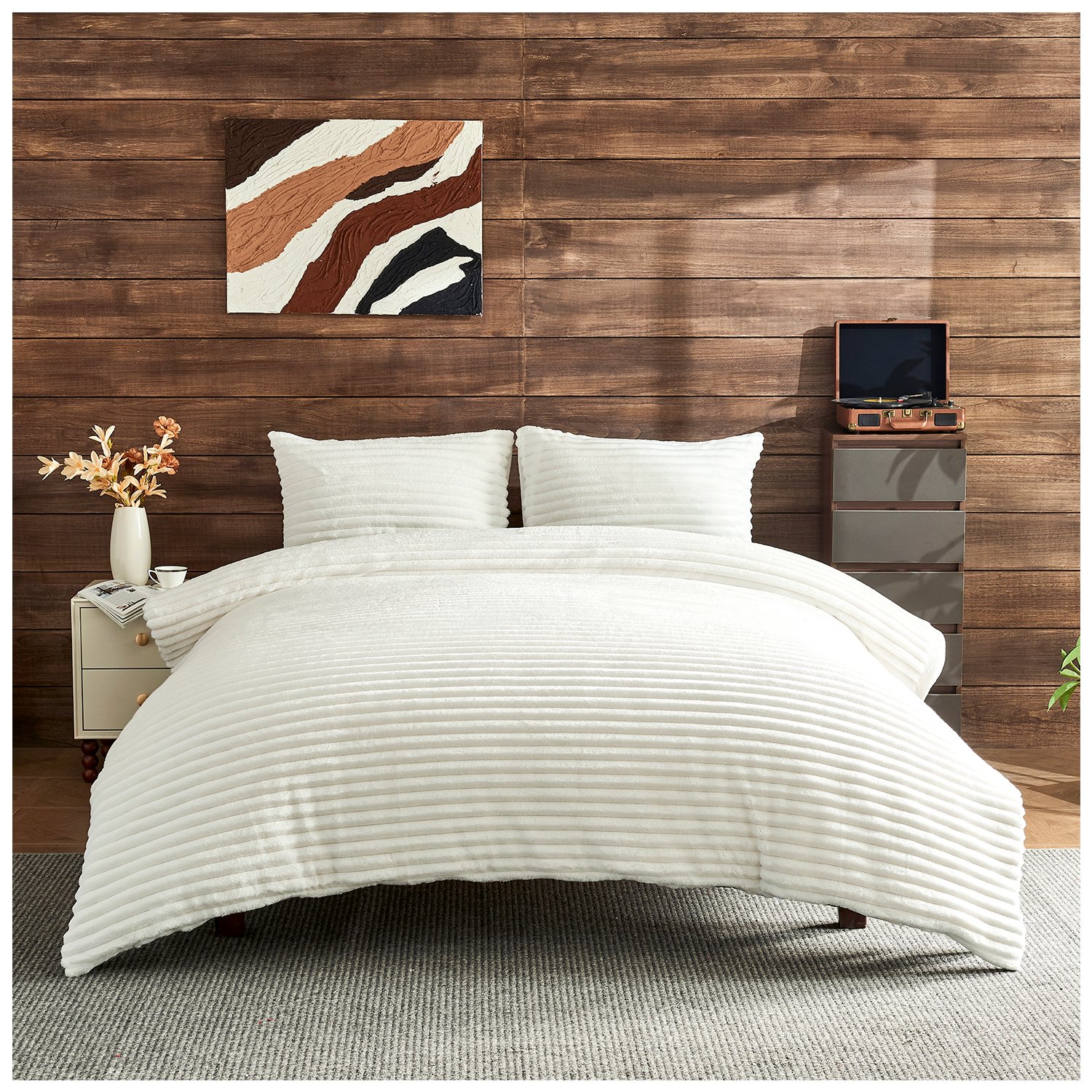 9.1607643 Fleece Bedding Ribbed Duvet Cover Set - White