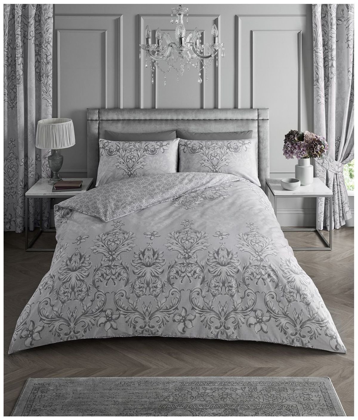 Damask Floral Duvet Cover Set Grey