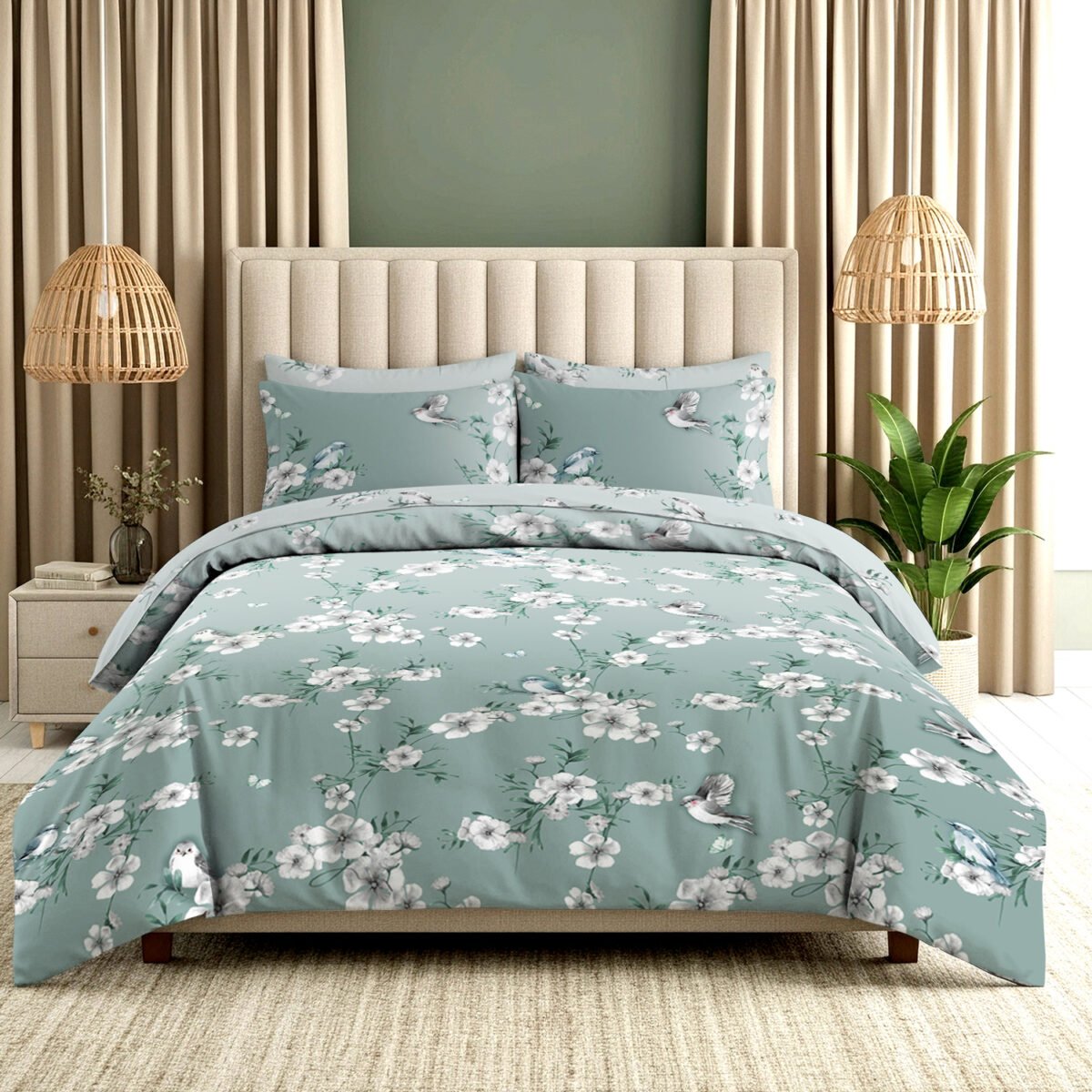 Luxury Floral Birds Duvet Cover Set - Duck Egg
