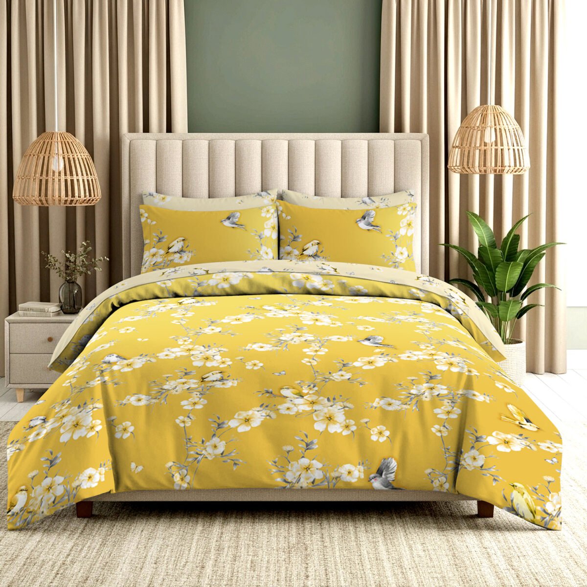 Luxury Floral Birds Duvet Cover Set - Ochre
