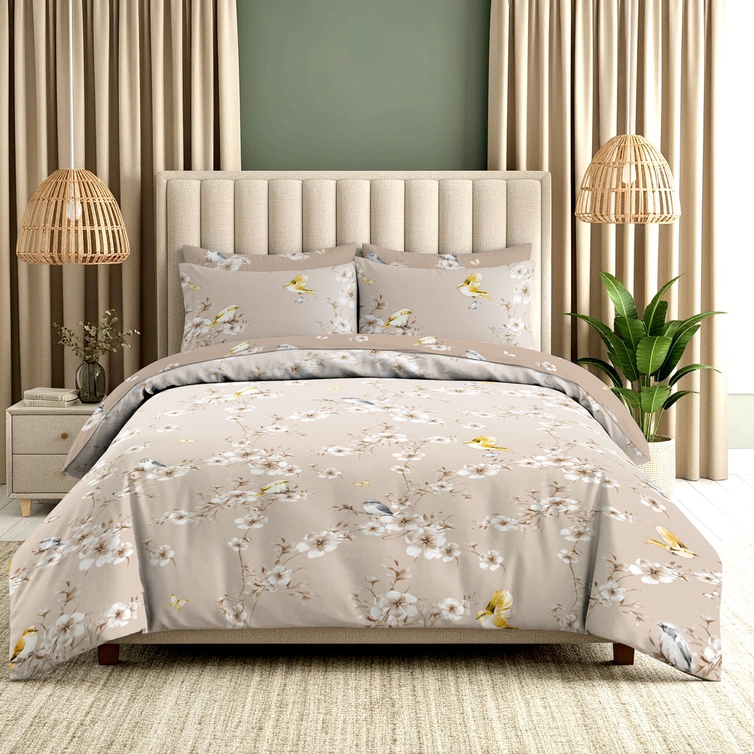 A,Full,Shot,Of,A,Bed,Dressed,In,A,Gray Luxury Floral Birds Duvet Cover Set - Natural