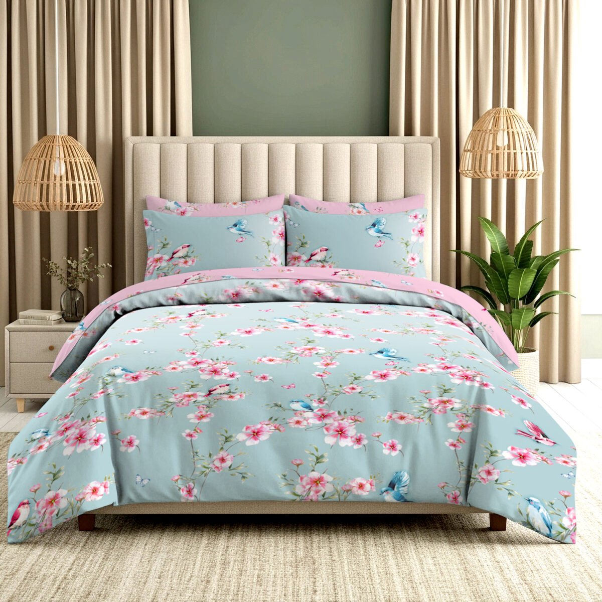 Luxury Floral Birds Duvet Cover Set - Natural