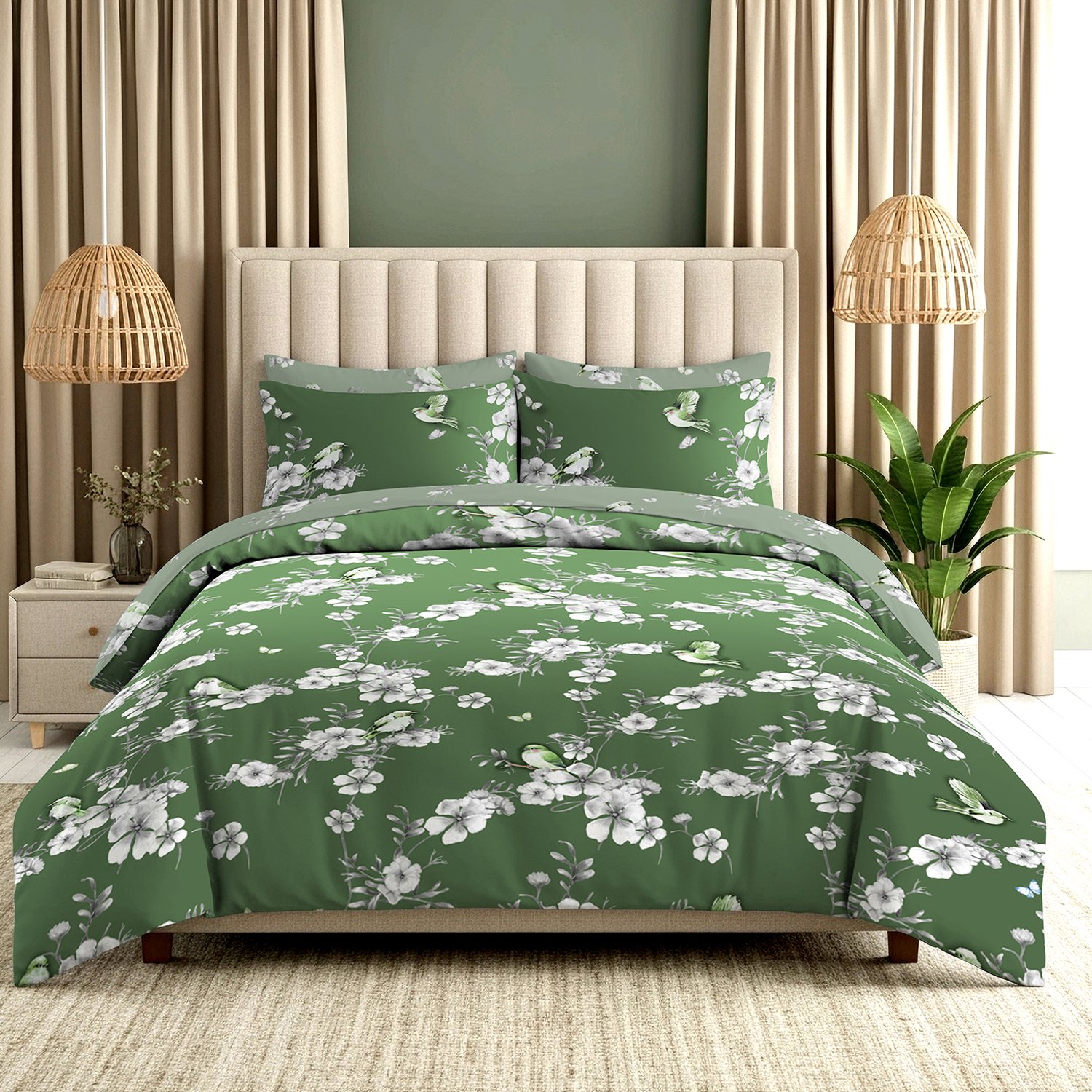 A,Full,Shot,Of,A,Bed,Dressed,In,A,Gray Luxury Floral Birds Duvet Cover Set - Green