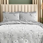 Luxury Elegant Floral Birds Duvet Cover Set - Grey