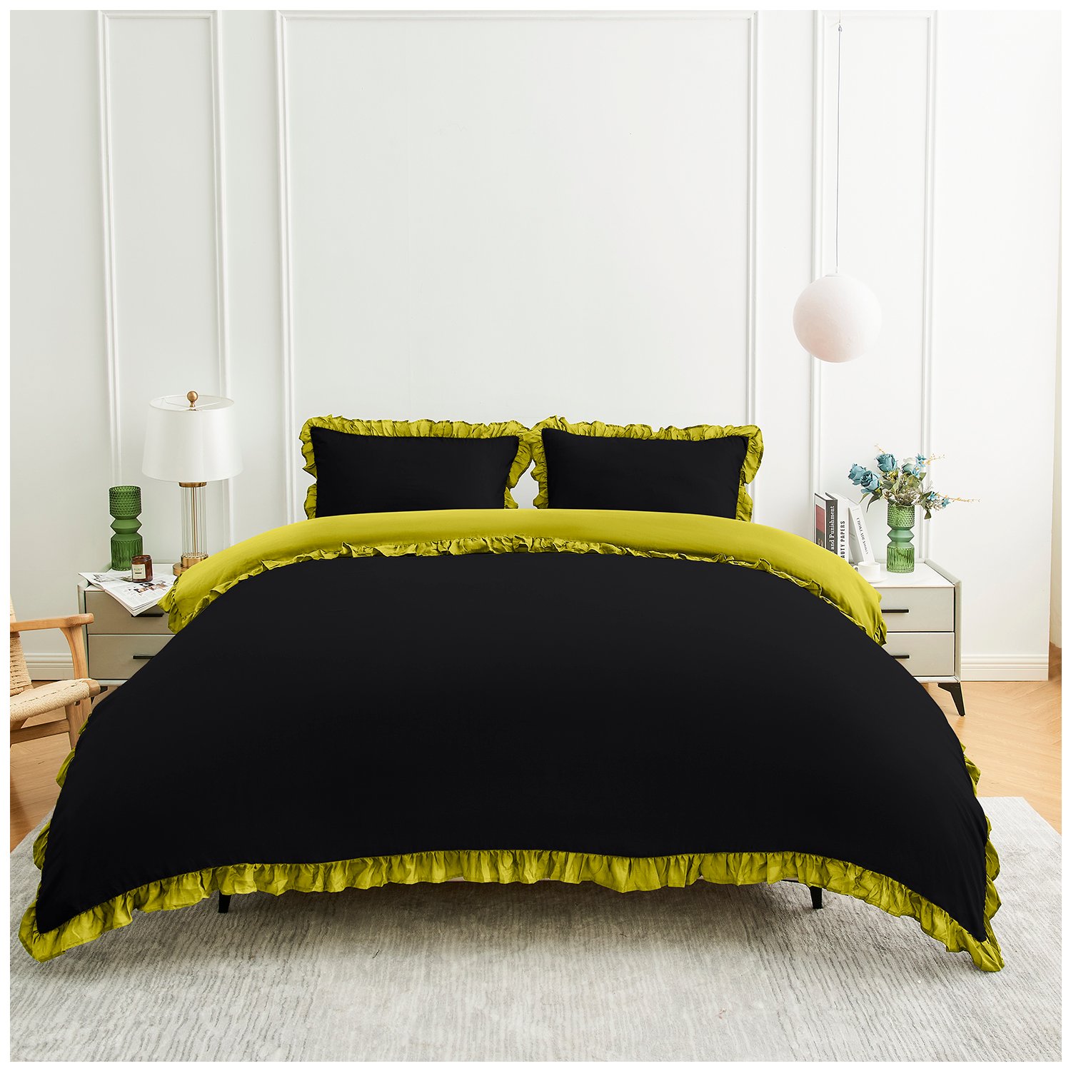 Blac-Ochre (2) Frill Edge Duvet Cover Set - Black/Ochre