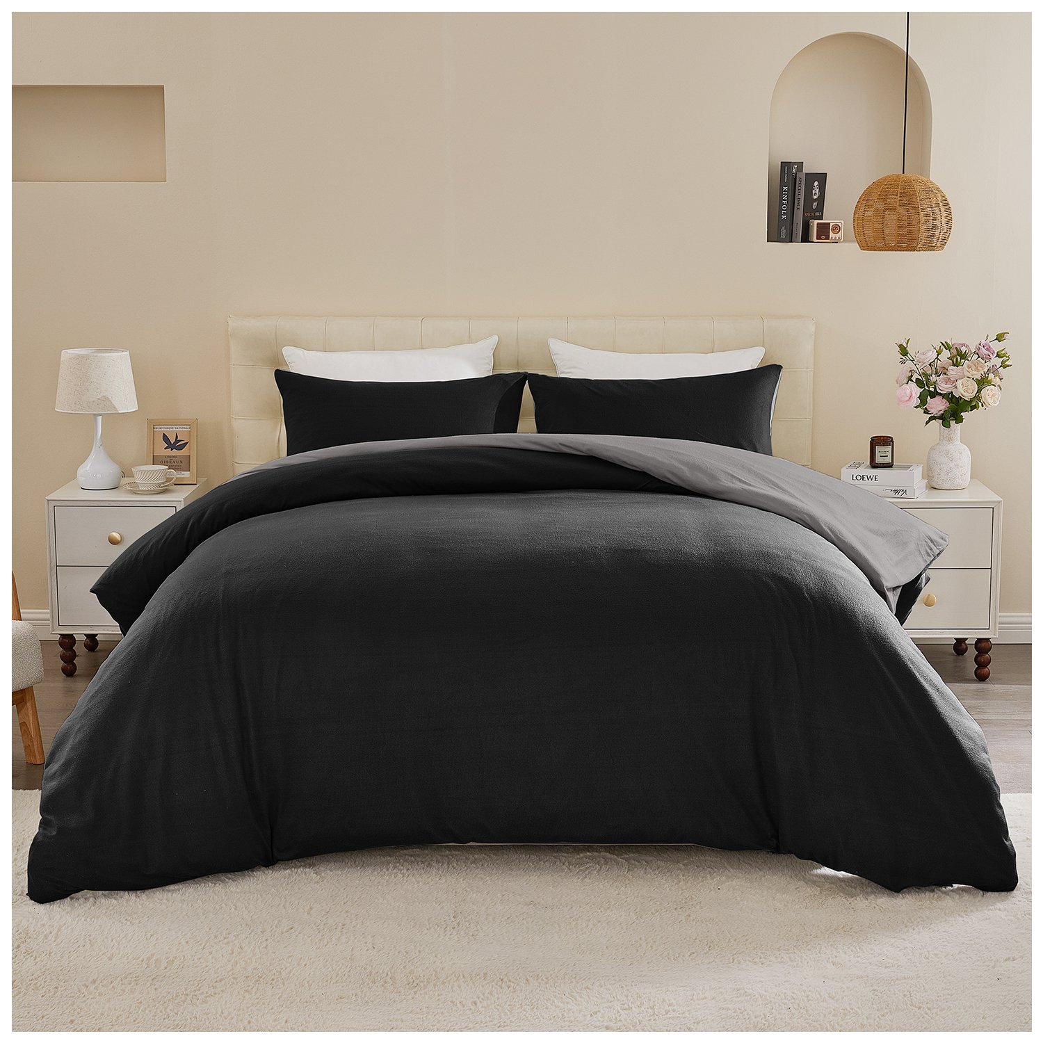Black & Charcoal (1) Reversible Plain Duvet Cover Set - Black/Charcoal