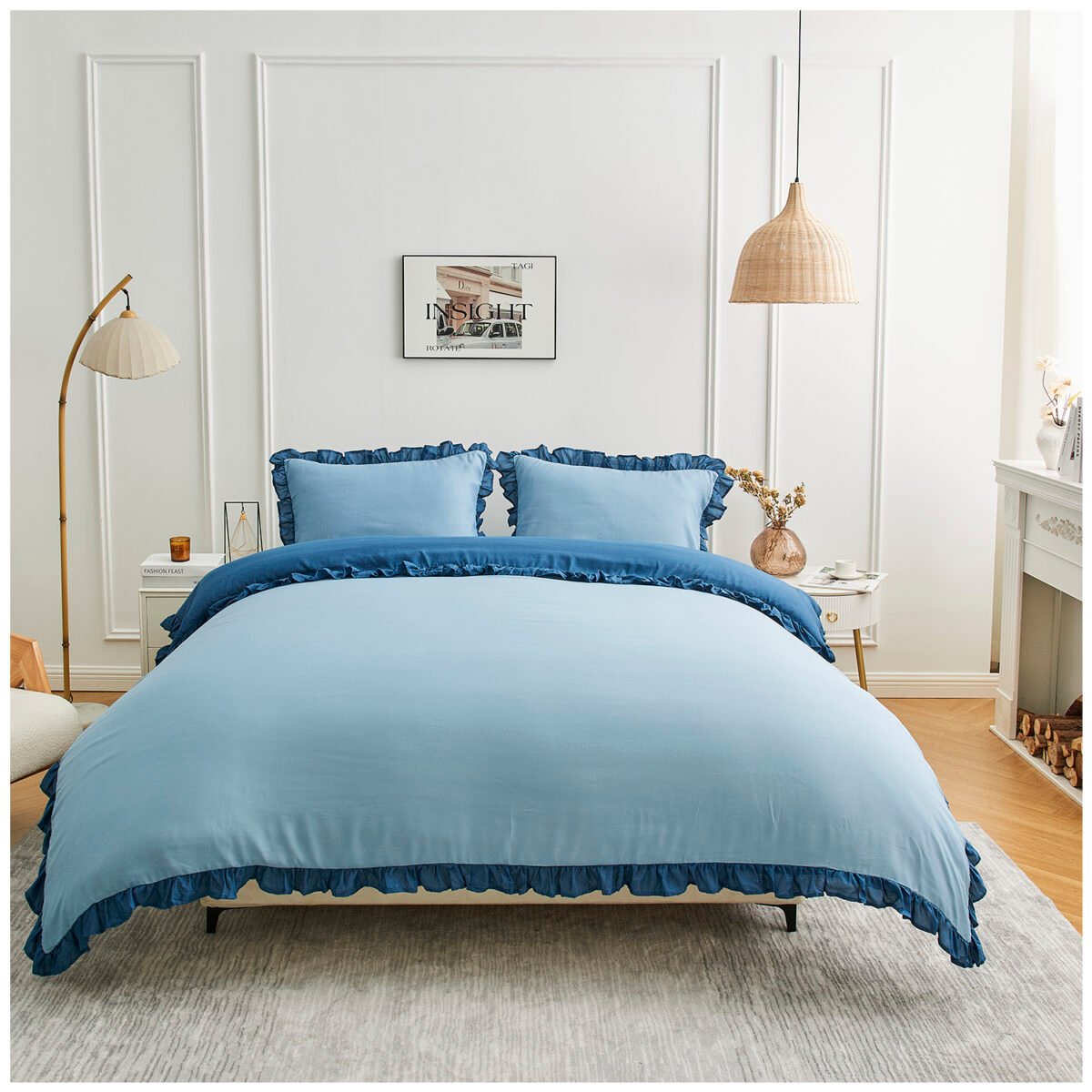 Frill Edge Duvet Cover Set - Blue/Denim Blue