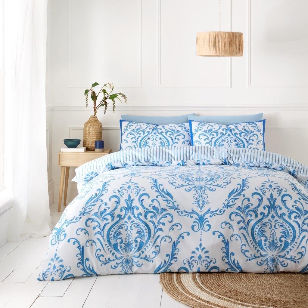 Blue Reversible Damask Duvet Cover Set Blue