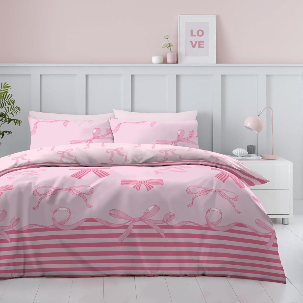 Reversible Striped Bow Duvet Cover Set - Pink