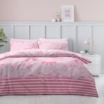 Reversible Striped Bow Duvet Cover Set - Pink