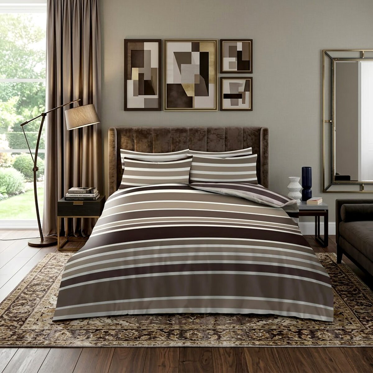 Striped Complete Bedding Set - Brown/Cream