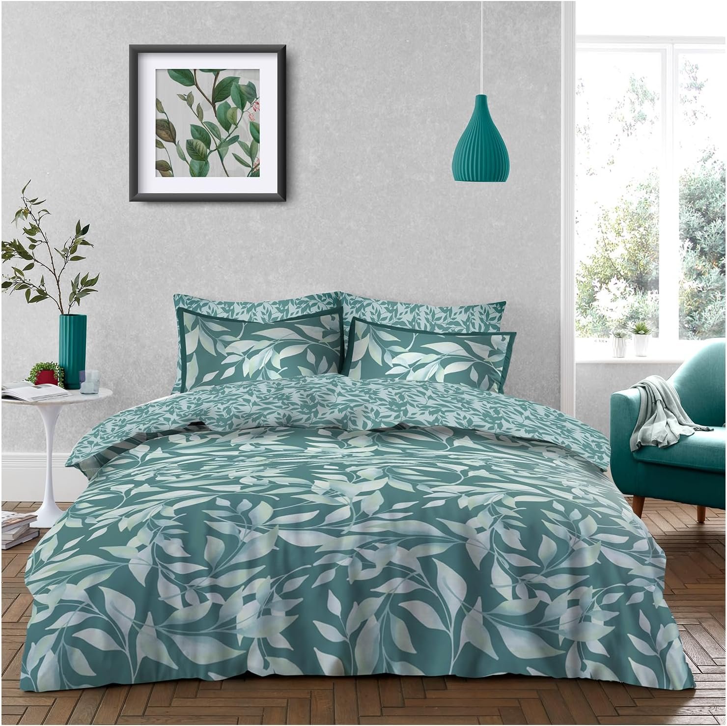 C Reversible Botanical Leaf Duvet Cover Set - Teal